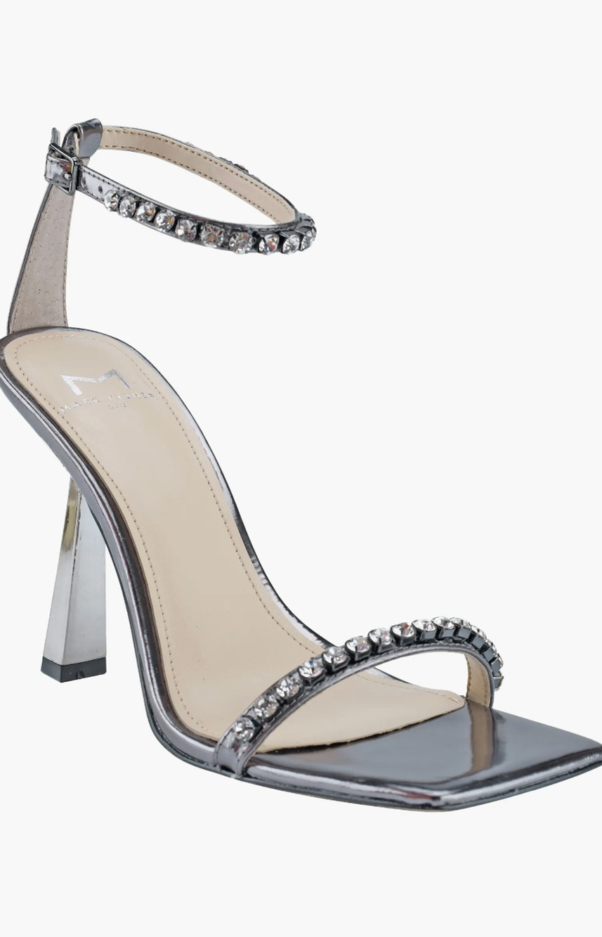 Marc Fisher Karima Ankle Strap Heels 9 NWOT Sandals Jewel Silver Metallic